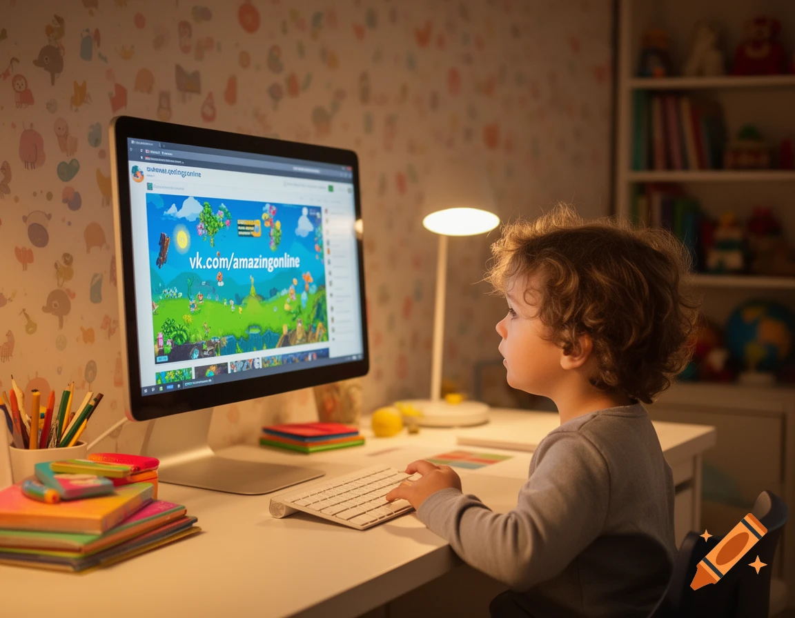 A young child with curly hair sits at a desk, looking at a computer screen displaying a colorful game and a VK website URL.