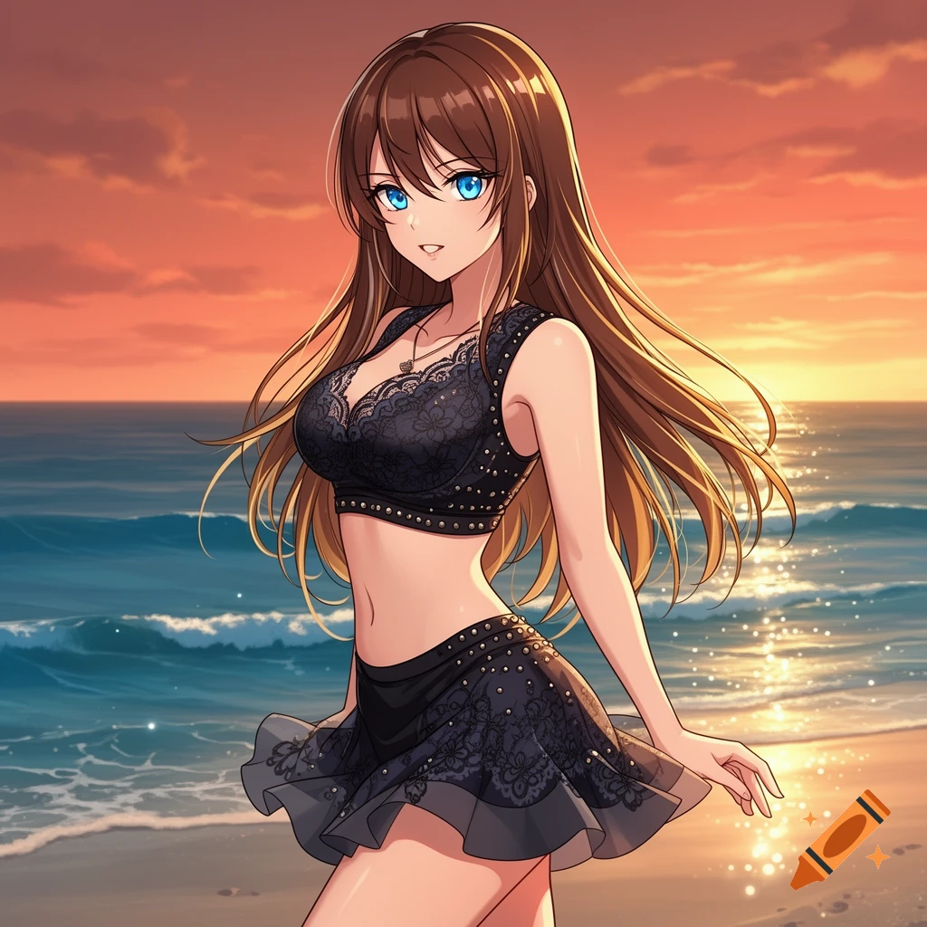 Anime woman with brown hair and blue eyes in a black crop top and short skirt standing on a beach at sunset.