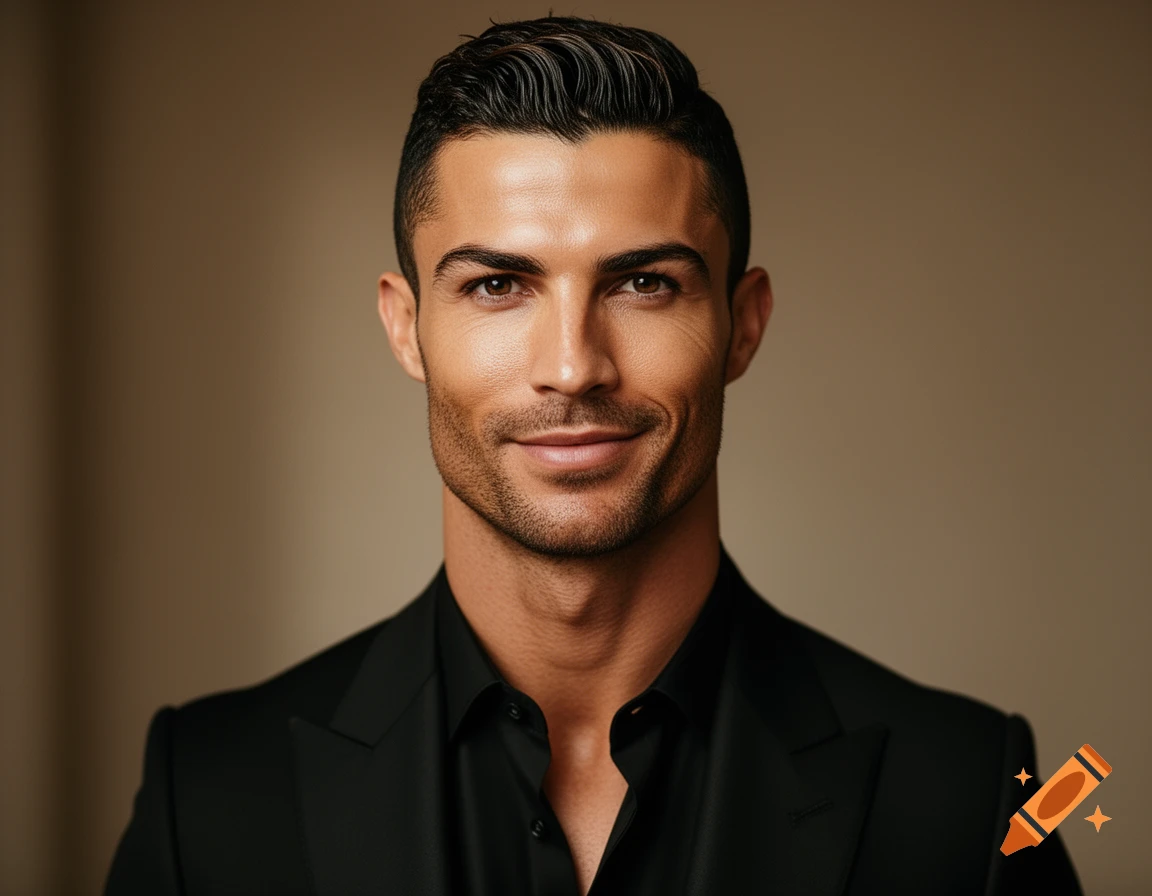 Photorealistic portrait of Cristiano Ronaldo in a black suit, smiling slightly against a warm beige background.