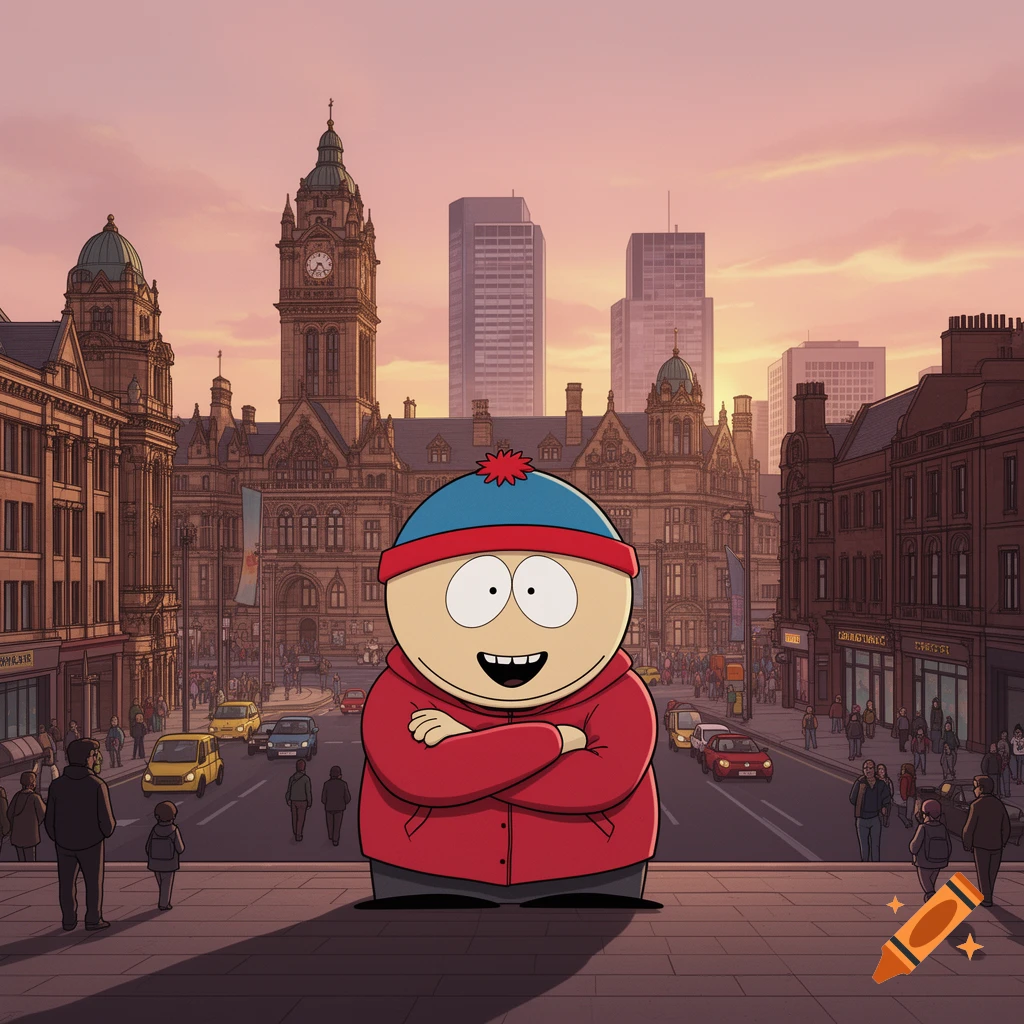 Eric Cartman from South Park stands arms crossed on a city street in front of a grand building with a clock tower and modern skyscrapers, under an orange sky.