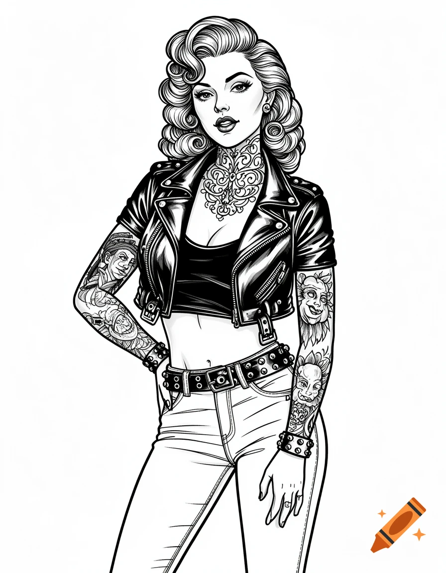 Black and white line art of a vintage pin-up woman with tattoos on her neck and arms, wearing a leather jacket, crop top, and jeans.