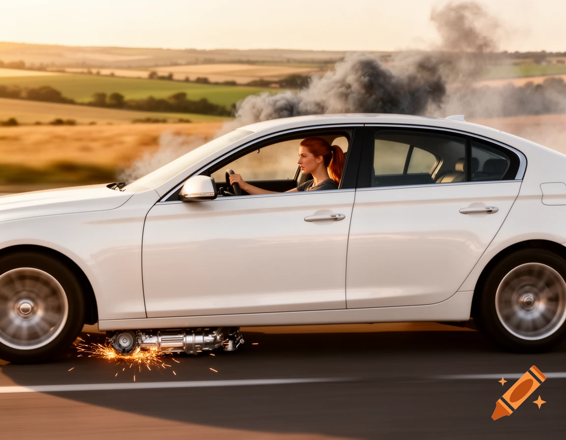 A woman drives a white car on a road, with smoke coming from the engine and sparks flying from a metallic piece dragging on the ground.