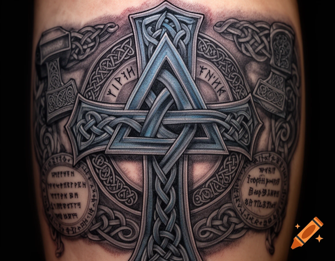 A detailed tattoo featuring a large Celtic knotwork cross and two Mjölnir hammers, adorned with runic symbols on skin.