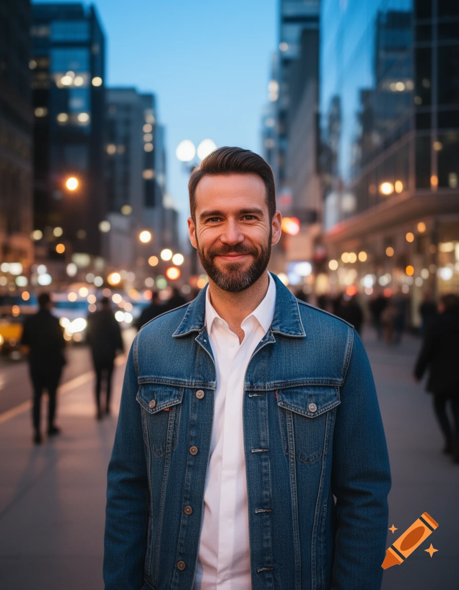 A smiling man in a denim jacket stands on a city street at dusk, with blurred lights and buildings in the background.