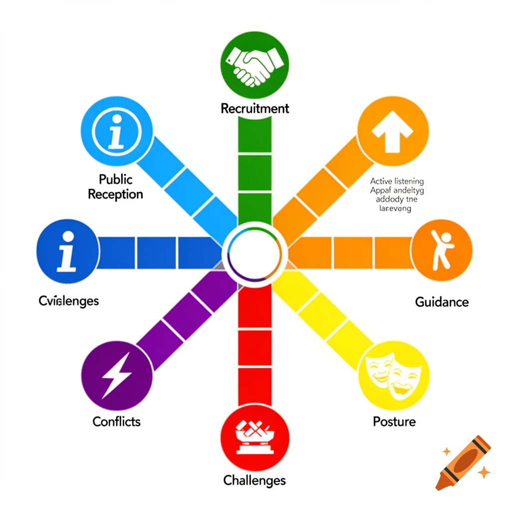 A colorful diagram resembling a game board with six branches, each with an icon and a label like Recruitment, Public Reception, and Guidance.