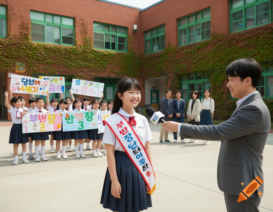 A smiling young girl in a school uniform and a sash is interviewed by a man with a microphone in a schoolyard, while other children hold celebratory signs behind her.