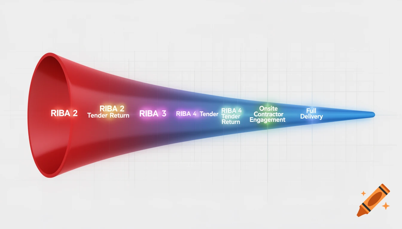 A 3D red to blue funnel graph illustrating risk reduction, with milestones like RIBA 2, RIBA 3, and Full Delivery.