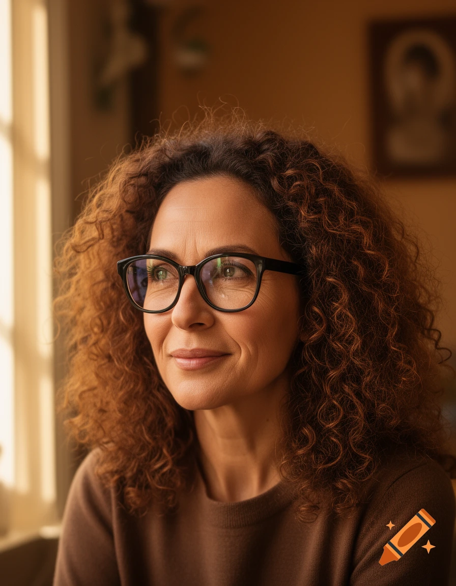 Photorealistic portrait of a woman with curly brown hair and glasses, looking subtly to the left with a faint smile.