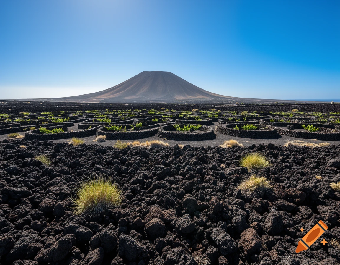 A vast landscape with a large dark volcano under a clear blue sky, surrounded by fields of black volcanic rock and circular vineyards.
