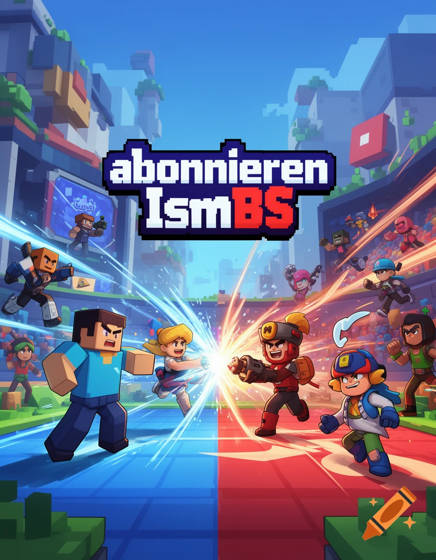 Cartoon style illustration of blocky characters from Minecraft and Brawl Stars clashing in a futuristic arena, with text 'abonnieren IsmBS' at the top.