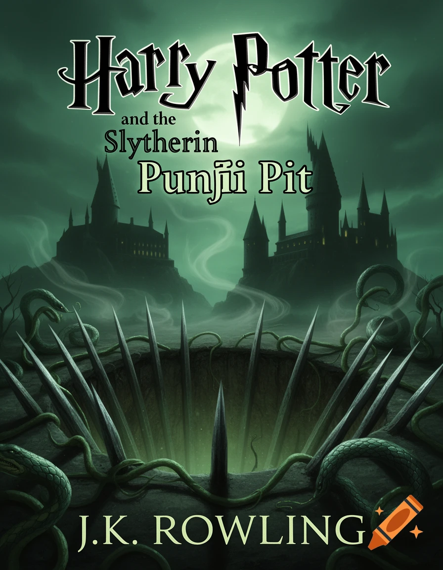 A dark, eerie fantasy book cover for "Harry Potter and the Slytherin Punji Pit" by J.K. Rowling, featuring a spike-lined pit, snakes, and castles under a full moon.
