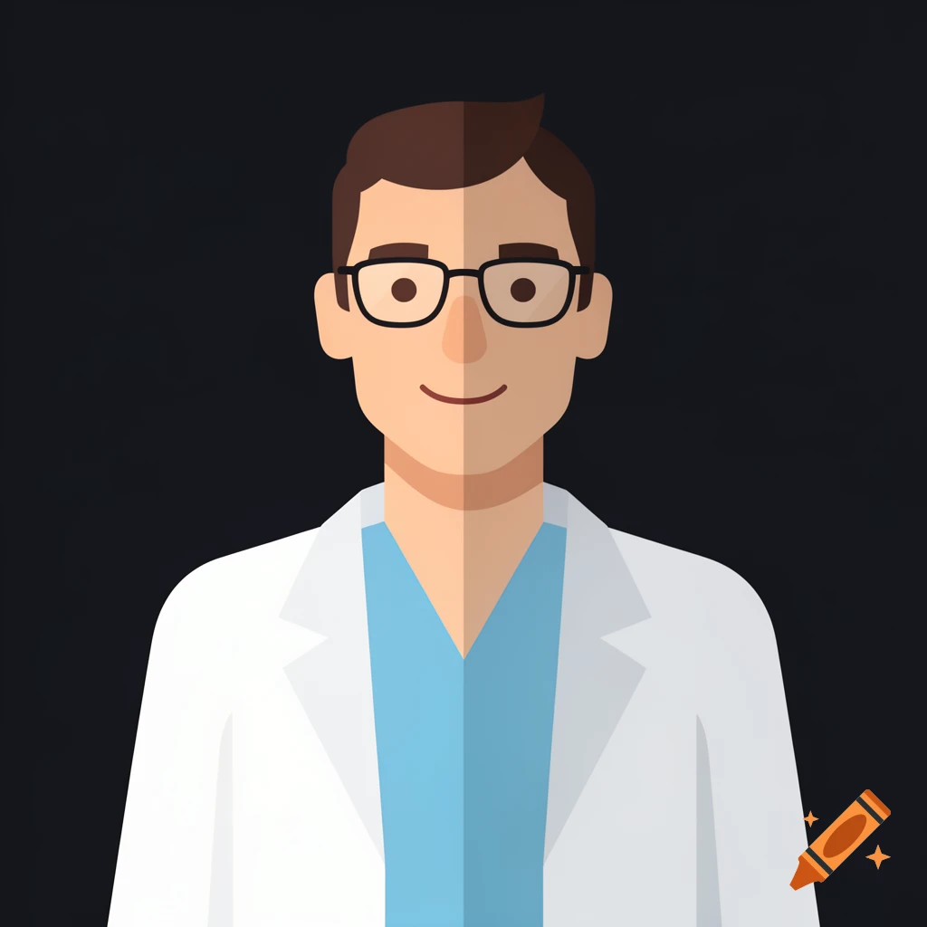 Flat vector icon of a smiling male medical professional wearing glasses and a white lab coat over blue scrubs, on a dark background.