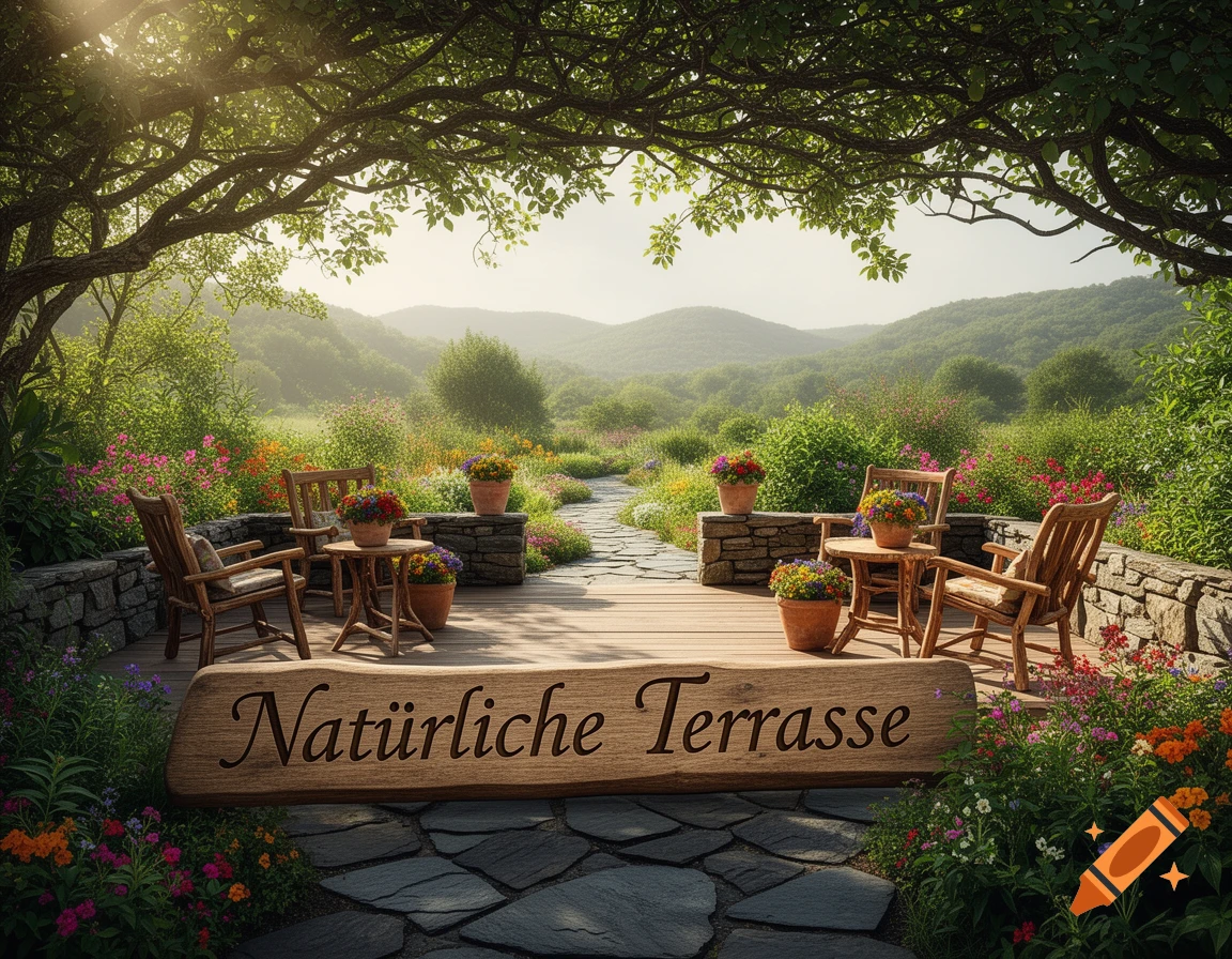 A serene wooden terrace with chairs and potted flowers, surrounded by vibrant garden paths and lush greenery, under a tree canopy with misty mountains in the background.