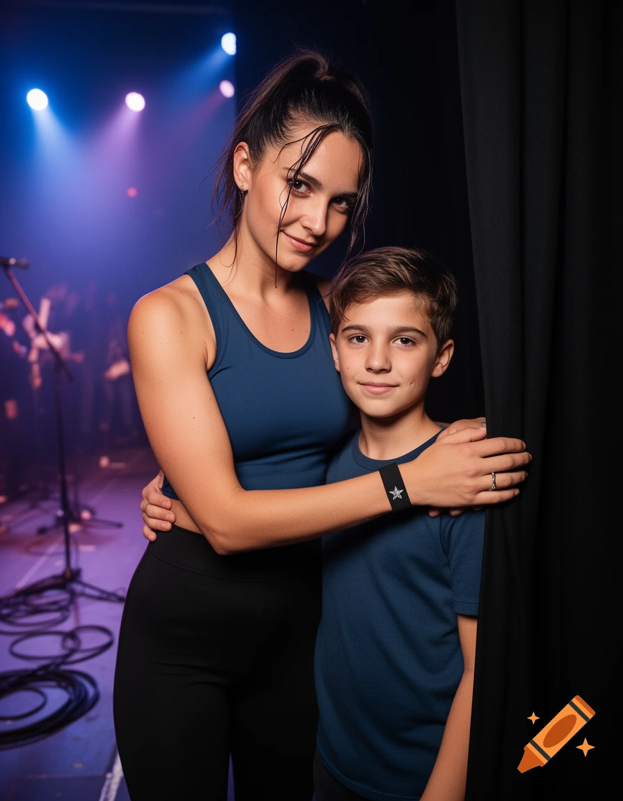 A woman in a sports top with wet hair embraces a boy in a blue shirt backstage at a concert, with blurred stage lights behind them.