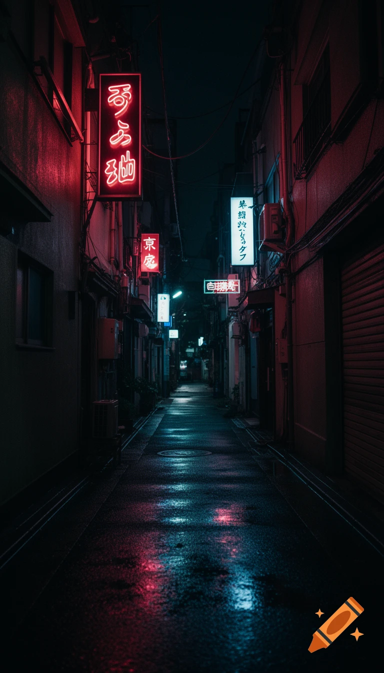 A dark, wet alleyway in Tokyo at night, illuminated by glowing red and blue neon signs reflecting on the street.