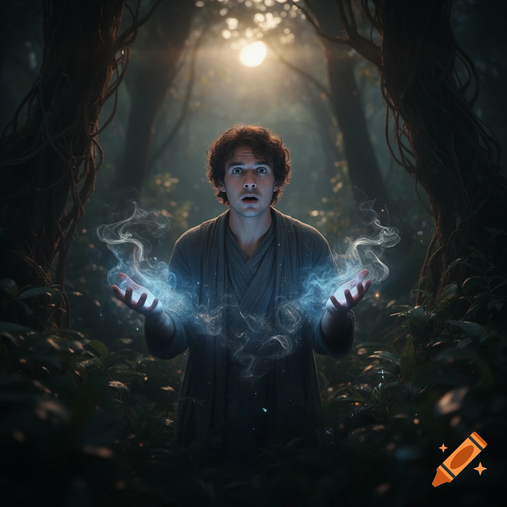 A surprised man with glowing blue energy on his hands stands in a dark, mystical forest with light filtering through the trees.