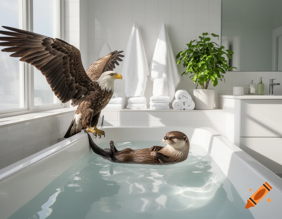 A photorealistic image of a bald eagle perched on the edge of a bathtub while an otter floats in the water.