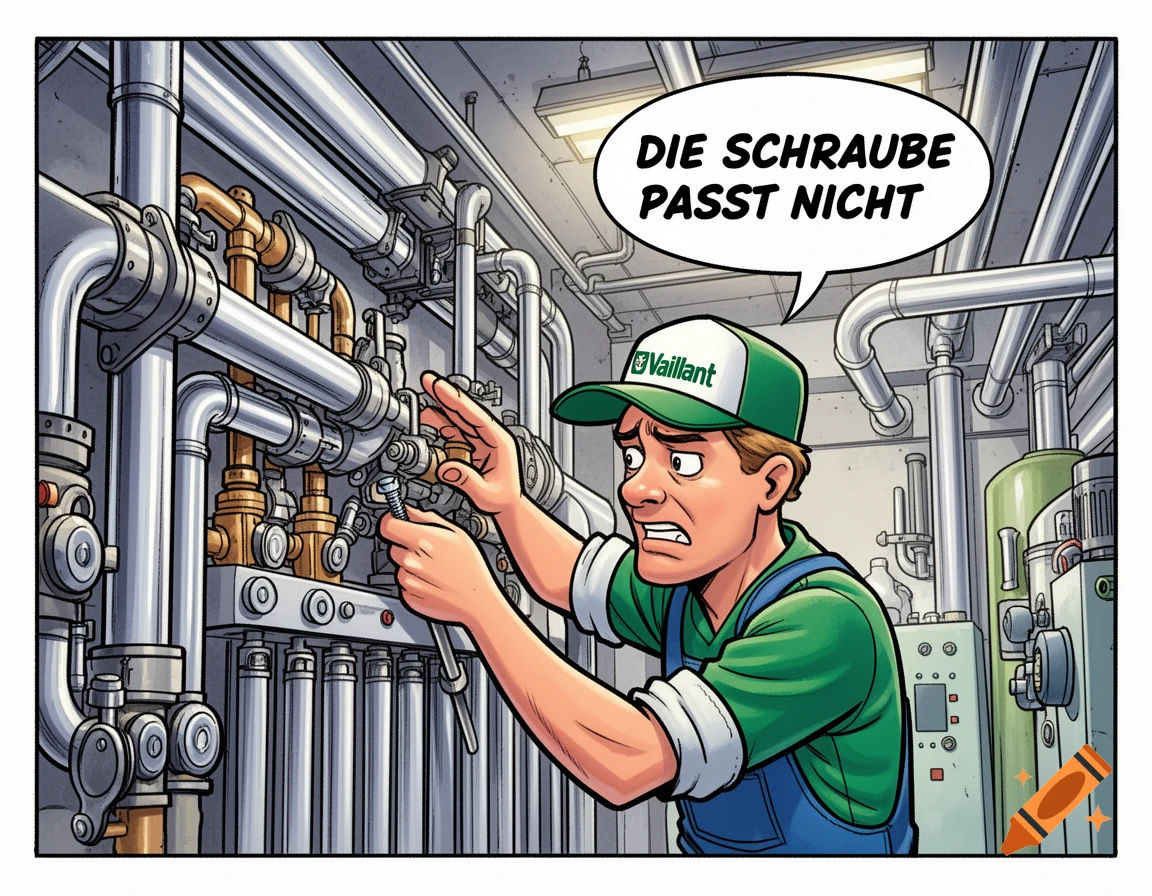 Comic illustration of a distressed plumber in a Vaillant cap working on pipes, with a speech bubble 'DIE SCHRAUBE PASST NICHT'.
