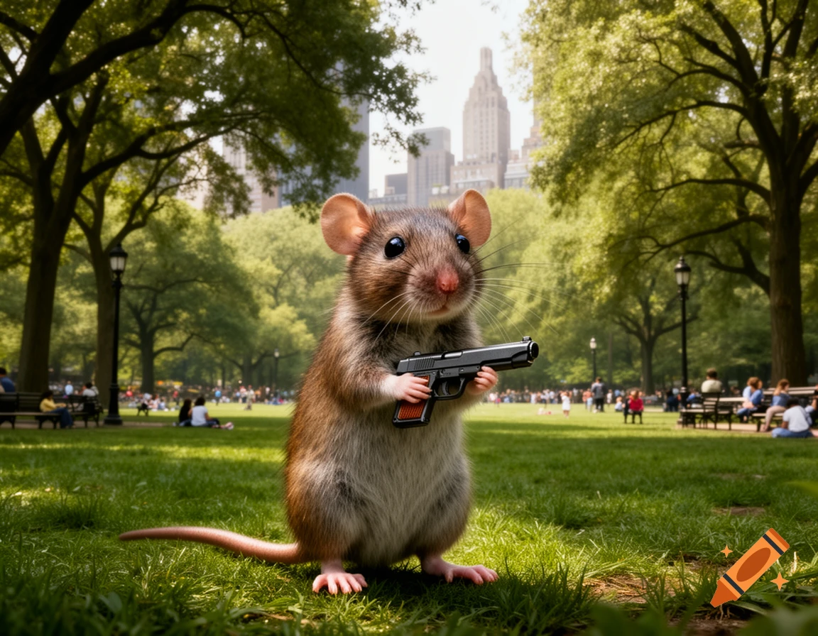 A photorealistic rat stands upright, holding a handgun in Central Park with people in the background.