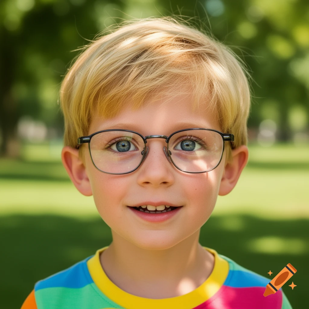 A smiling young boy with blonde hair, blue eyes, and glasses, wearing a colorful striped shirt, stands outdoors with a blurred green background.
