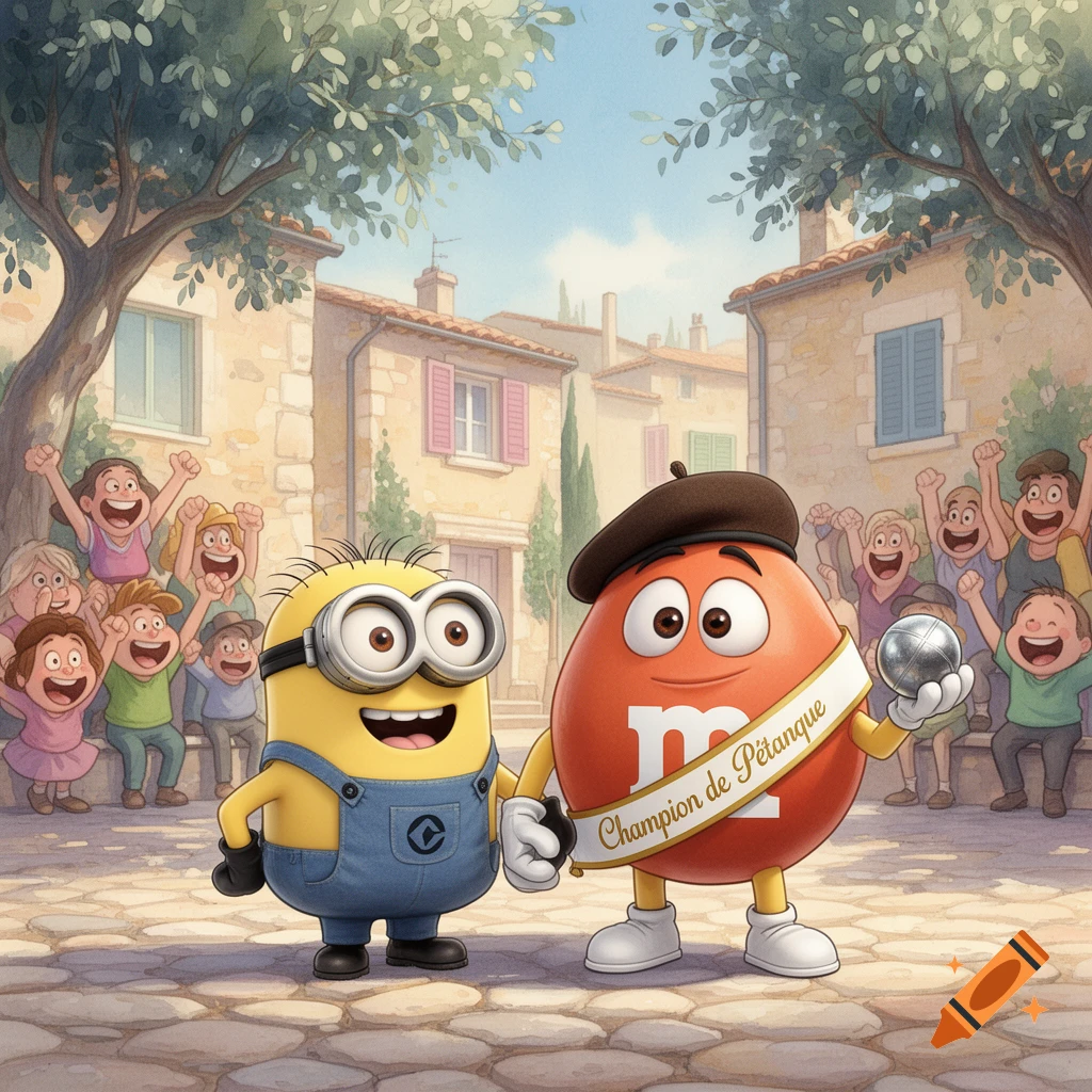 A watercolor cartoon shows a Minion and an M&M character with a 'Champion de Pétanque' sash and ball, in a village street with cheering children.