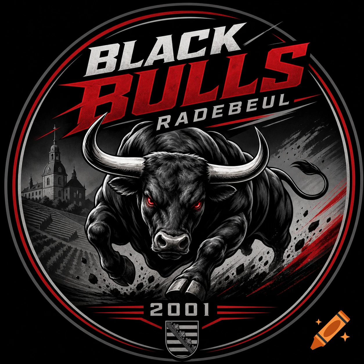 Dynamic logo illustration of a charging black bull with red eyes, text 'BLACK BULLS RADEBEUL 2001', and a Saxon shield emblem.