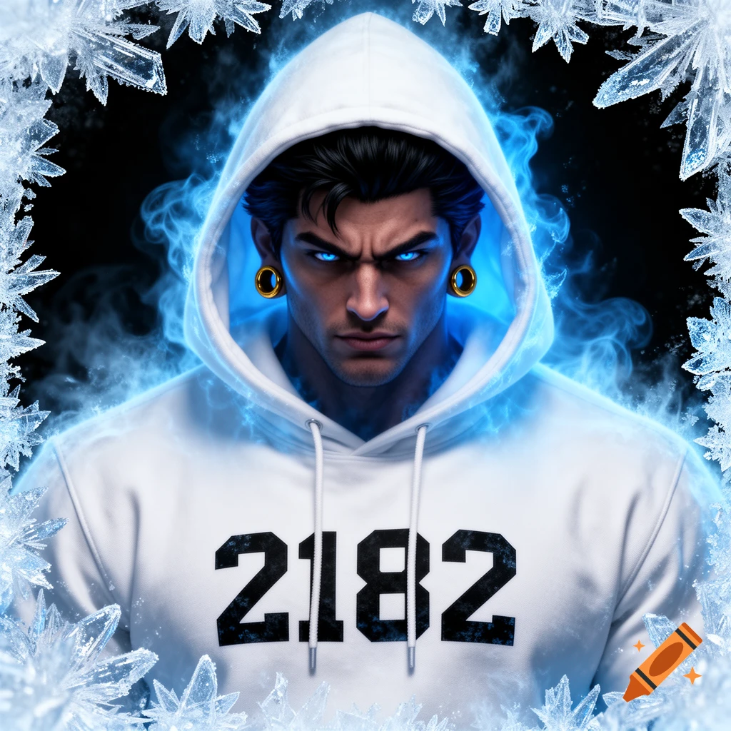 Dramatic anime-style muscular man with glowing blue eyes, golden ear gauges, and a white hoodie with '2182' on it, surrounded by blue mist and ice crystals.