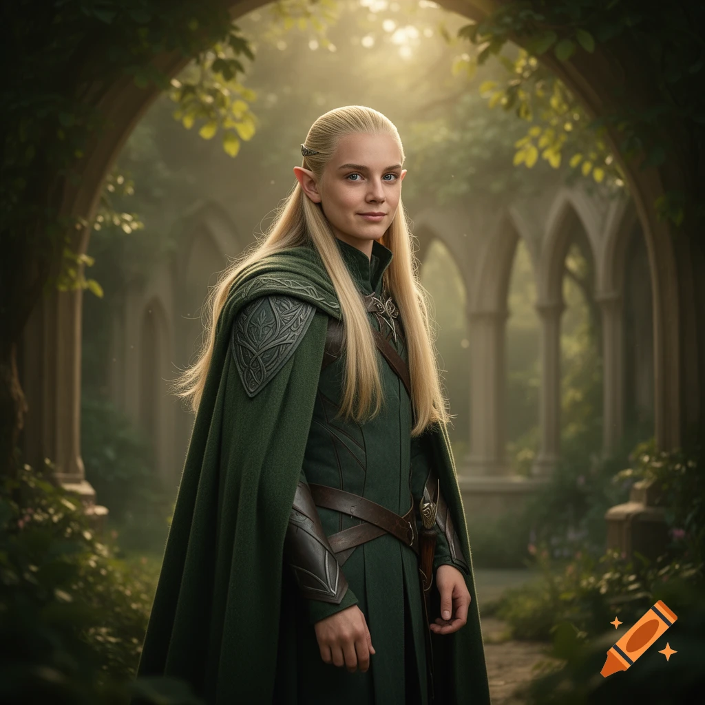 A young elf with long blonde hair and pointed ears in green attire stands in a mystical, overgrown stone archway, bathed in golden light.