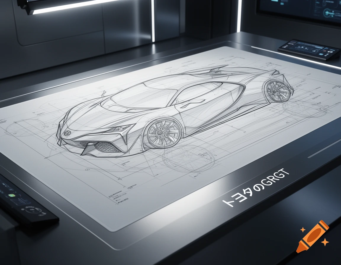A detailed blueprint of a sleek sports car, labeled 'トヨタのGRGT', displayed on a modern, futuristic design table in a dim room.