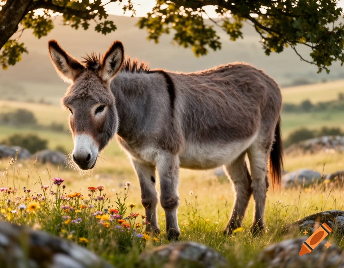 A photorealistic donkey stands in a vibrant flower field under a tree at sunset.