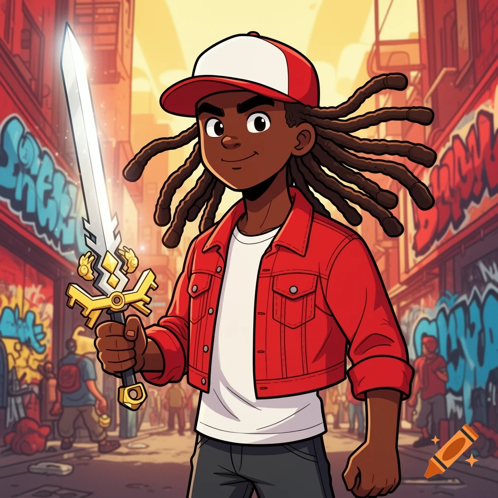 A cartoon of an African American boy with dreadlocks and a red cap, holding a glowing sword in a graffiti-filled alley.