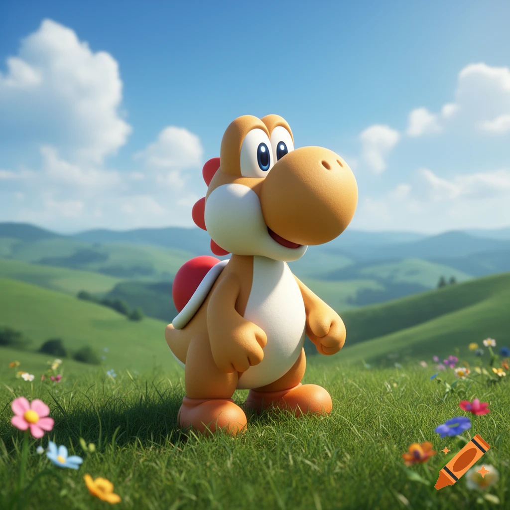 A light brown Yoshi stands smiling in a vibrant green field with colorful flowers under a clear blue sky.