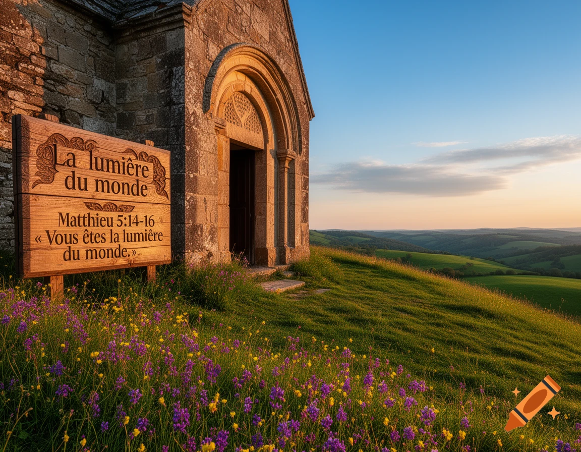 A stone chapel and a wooden sign on a hill of purple and yellow wildflowers, overlooking rolling green hills under a sunset sky.