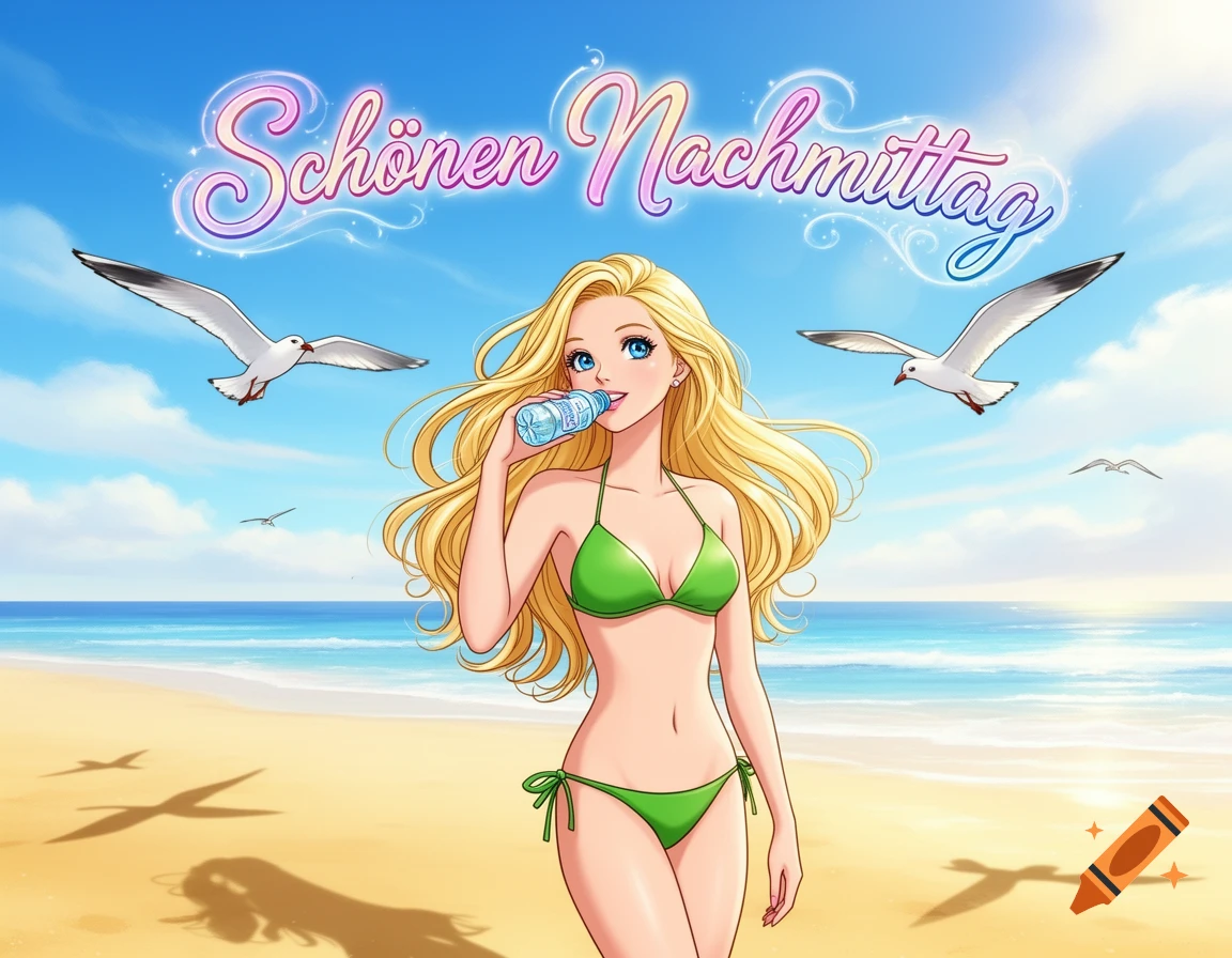 Anime-style blonde woman in a green bikini drinks water on a sunny beach with seagulls and 'Schönen Nachmittag' text in the sky.