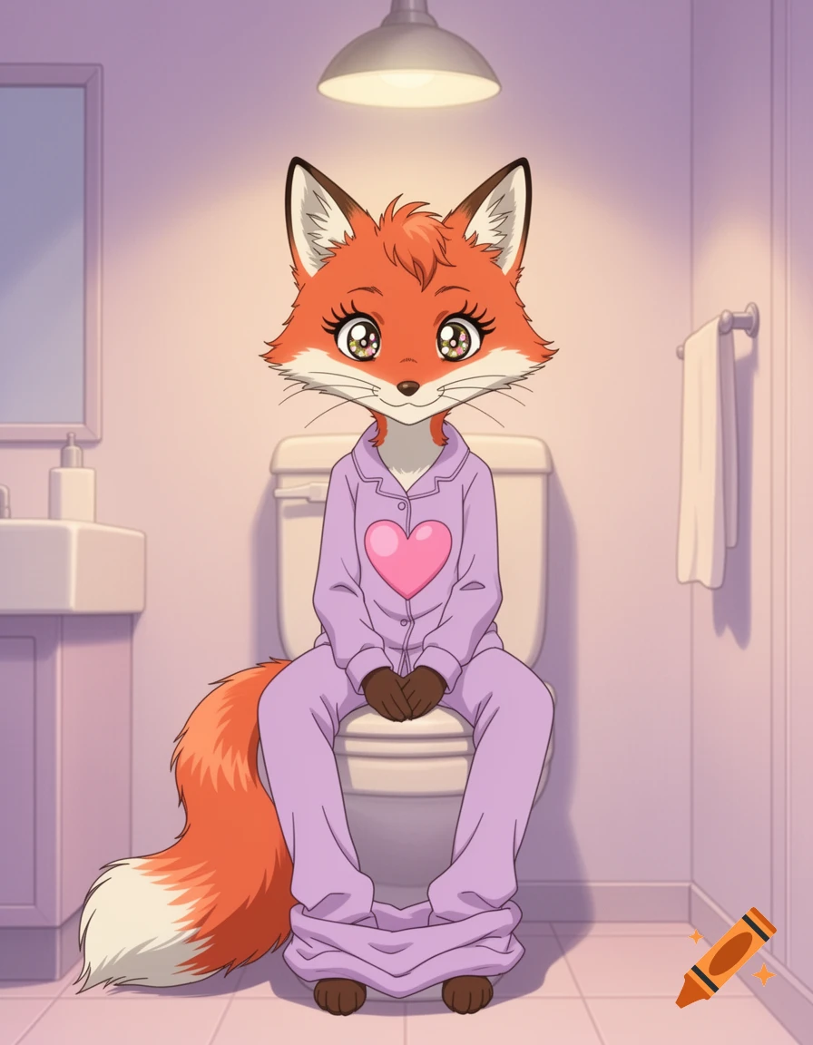 An anime-style anthropomorphic red fox in purple pajamas with a heart, sitting on a toilet with its pants down.