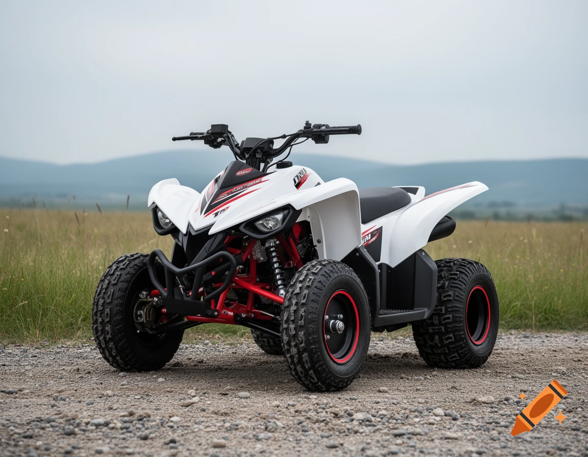 A white and red ATV parked on a gravel path with a grassy field and hills in the background under a cloudy sky.