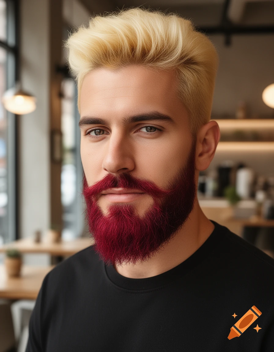 Close-up portrait of a man with bright blond hair and a vivid red dyed beard, wearing a black t-shirt in a blurred indoor setting.