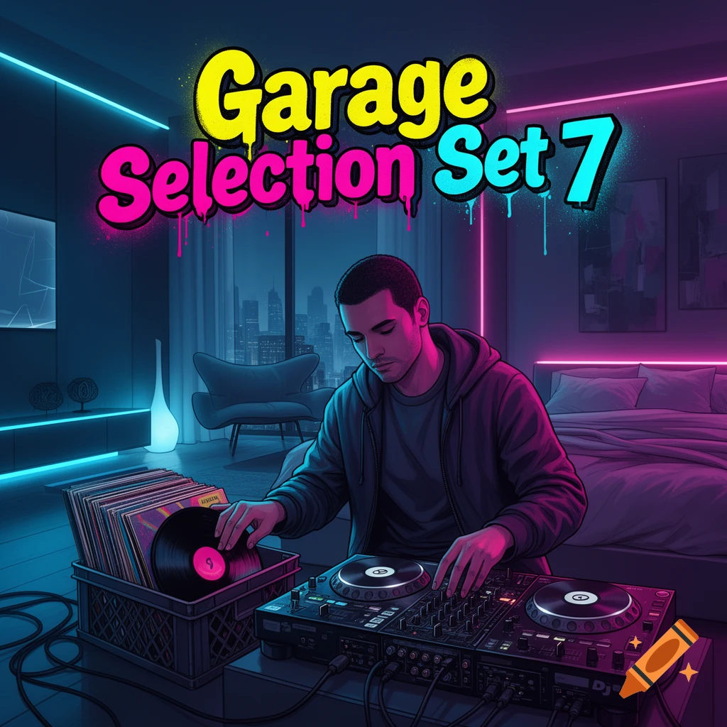 Vibrant album cover art with a DJ selecting vinyl in a neon-lit bedroom. Text: Garage Selection Set 7.