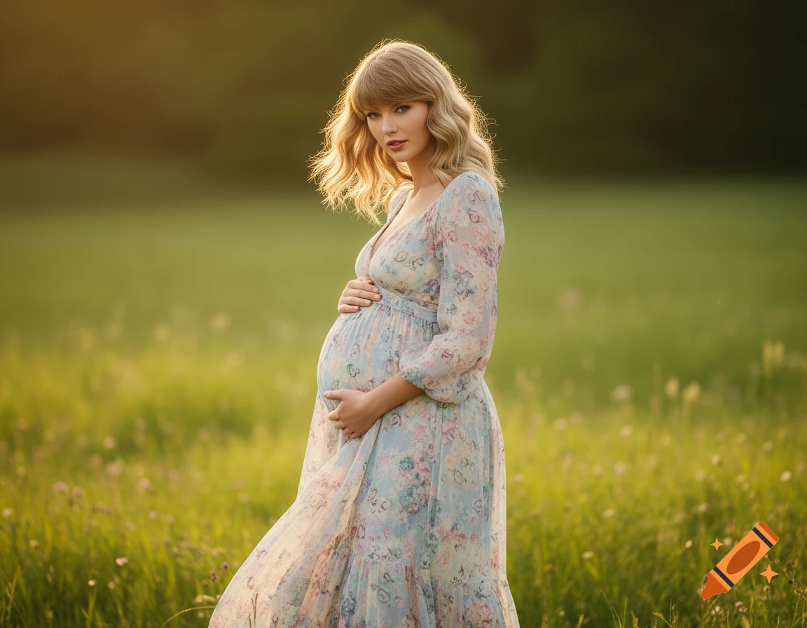 A photorealistic image of a woman resembling Taylor Swift, pregnant and holding her belly, standing in a sunny field at golden hour.
