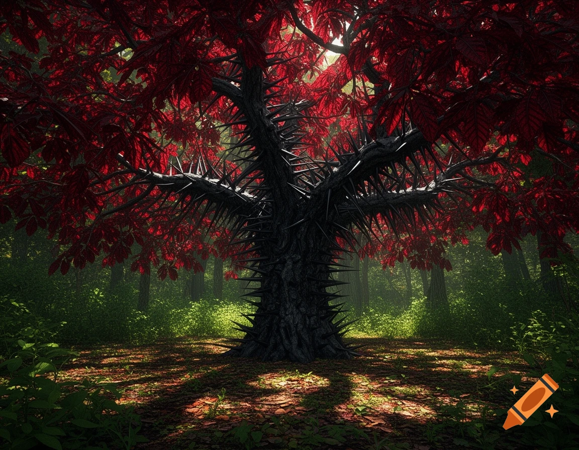 A dark, spike-covered tree with vibrant red leaves stands in a sun-dappled forest.