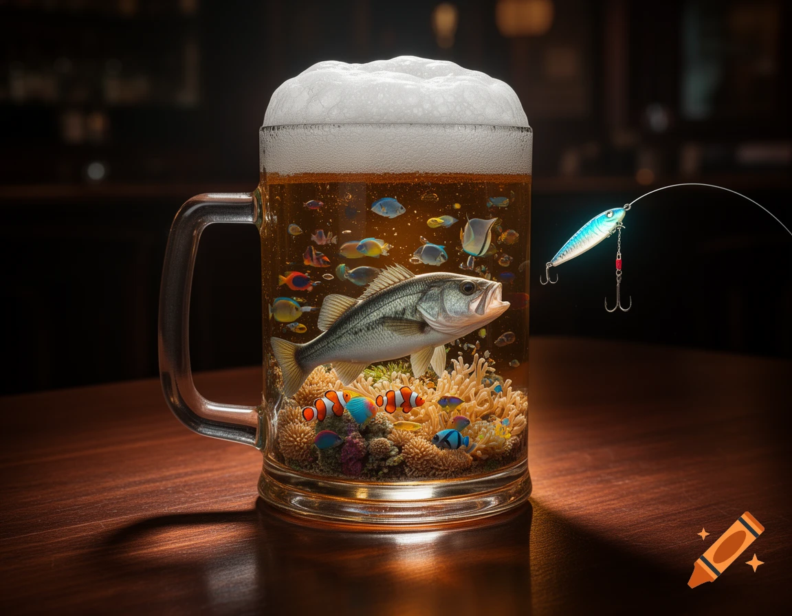 A photorealistic, surreal image of a beer mug holding a vibrant coral reef with fish and a bass, with a fishing lure above it on a dark pub table.