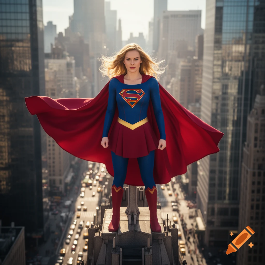 Supergirl stands on a skyscraper overlooking a bustling city, her red cape billowing.