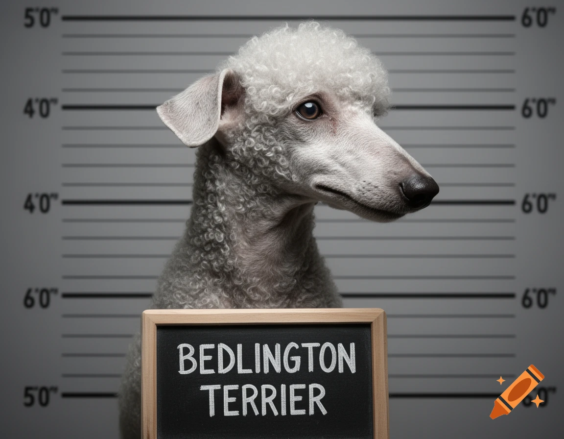 A photorealistic white and gray Bedlington Terrier dog poses for a police mugshot, with a chalkboard reading 'BEDLINGTON TERRIER' in front of it.