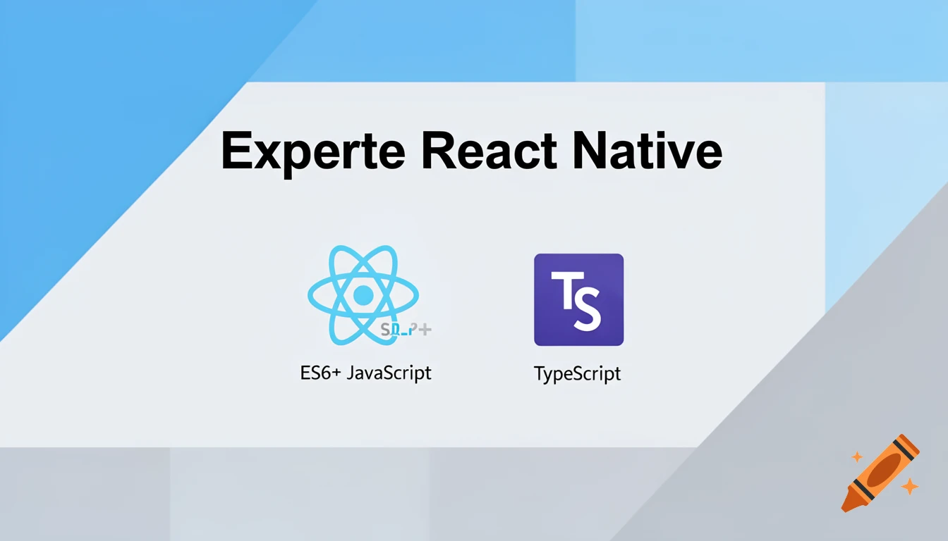A tech profile banner with 'Experte React Native' text, React and TypeScript logos, and 'ES6+ JavaScript' and 'TypeScript' labels.
