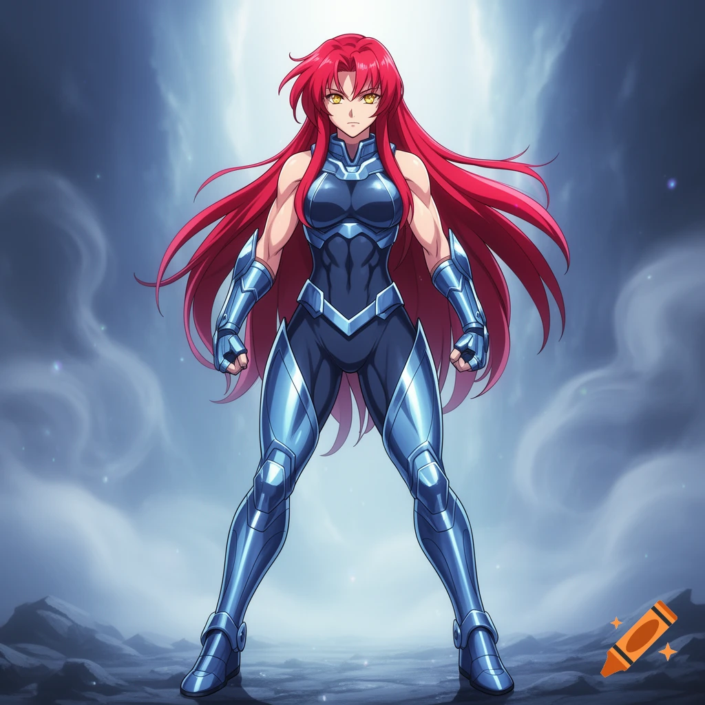 Anime-style female character with red hair, yellow eyes, in a blue and silver armored suit, standing in a desolate landscape.