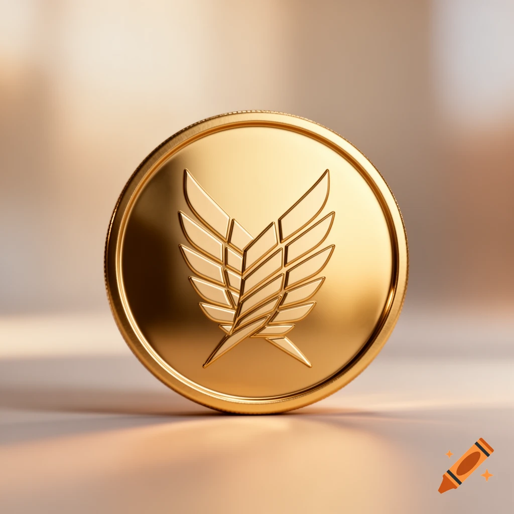 A gleaming gold coin with a stylized emblem resembling spread wings or a leaf in its center.