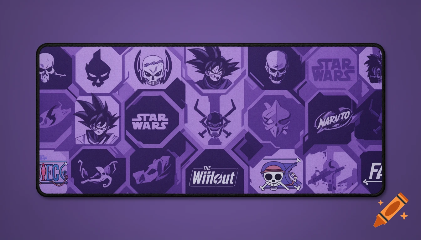 A purple cyberpunk-themed XXL mousepad featuring various pop culture symbols like Star Wars, Dragon Ball, Naruto, and One Piece logos in hexagonal panels.