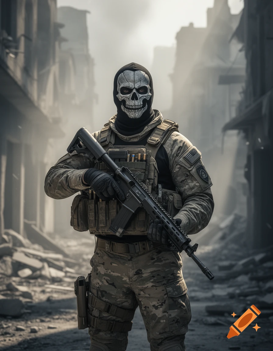 A soldier in a tactical uniform and skull balaclava holds a rifle in a ruined, smoky urban environment, in a photorealistic style.