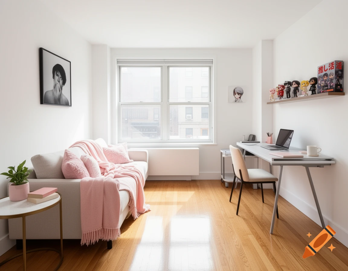 A minimalist studio apartment with white walls, light pink accents on a couch, a wooden floor, and a desk with anime figures.
