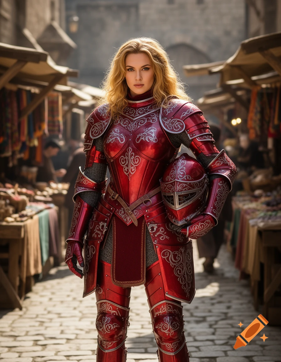 A confident female knight in ornate red and silver armor stands holding a helmet in a bustling medieval market street.